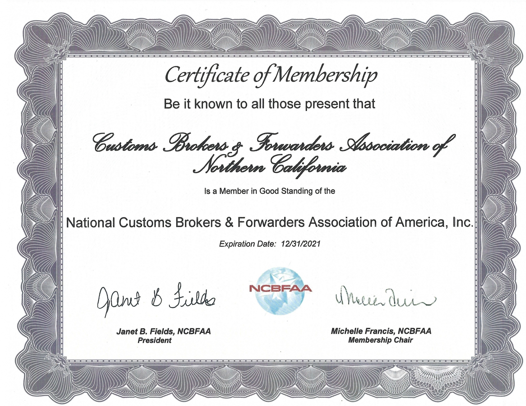 NCBFAA Membership Certificate